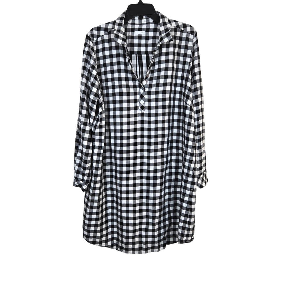 J.Jill Black White Buffalo Plaid Roll Tab Sleeve Preppy Collar Shirt Dress XL